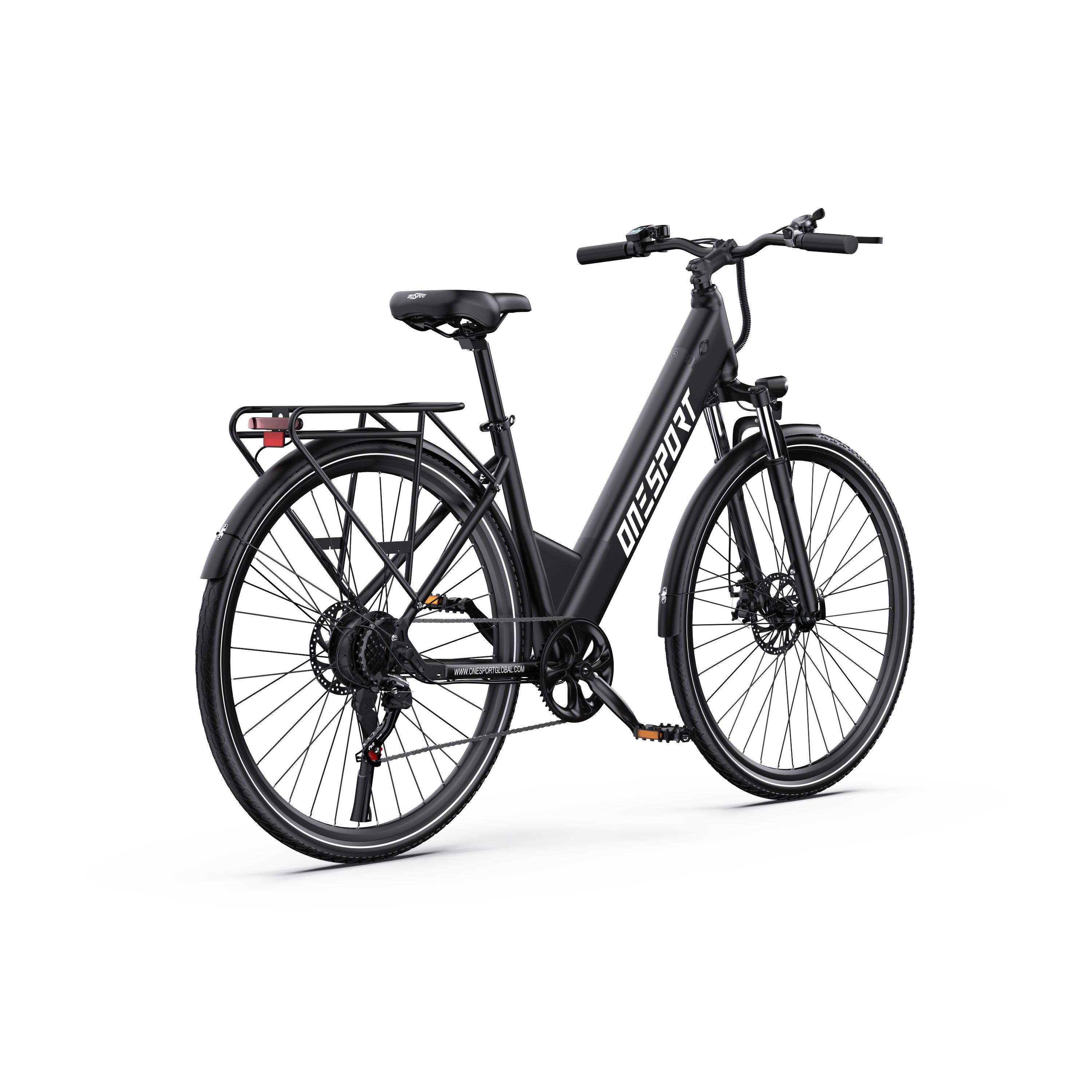 Bicicletta elettrica nera con scritta ONESPORT. Portapacchi, parafanghi e faro presenti.