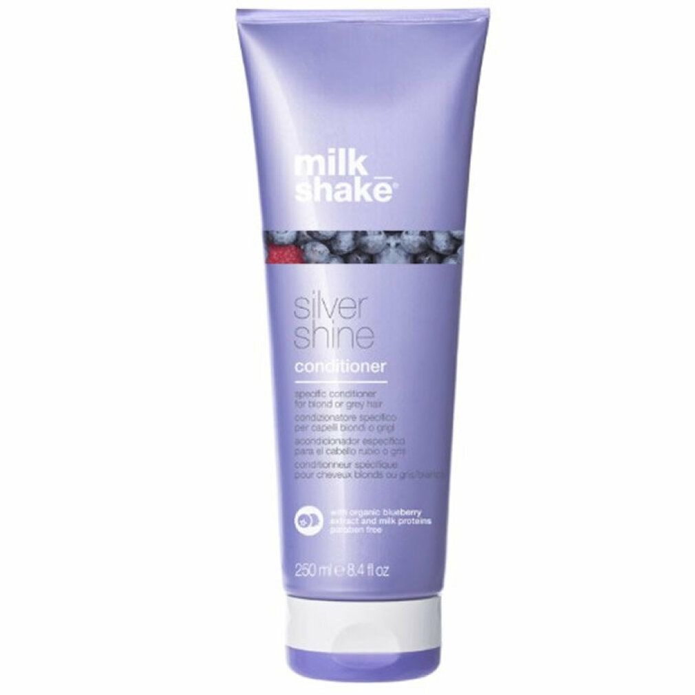 Tubo lilla con scritta "milk shake" e "Silver Shine Conditioner". Contiene 250 ml. Motivo mirtilli.