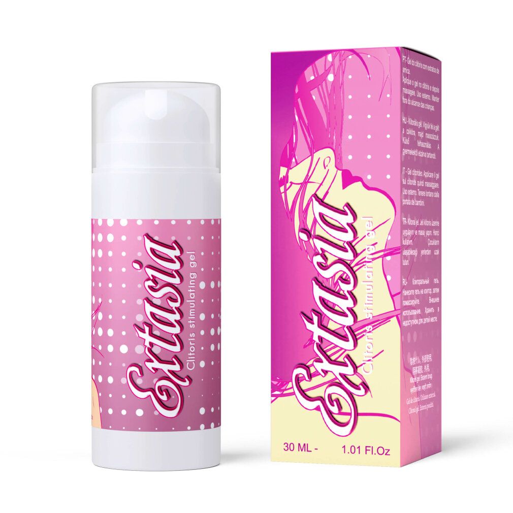 Flacone bianco ed confezione rosa. Scritta: Extasia, Clitoris stimulating gel. 30 ML - 1.01 Fl.Oz.