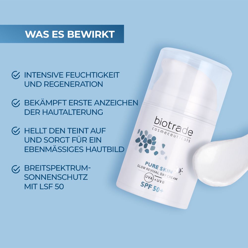 Biotrade Pure Skin Glow Revival Crema Viso SPF50+ con testo. Agisce contro l'invecchiamento cutaneo, illumina l'incarnato, protegge dal sole.