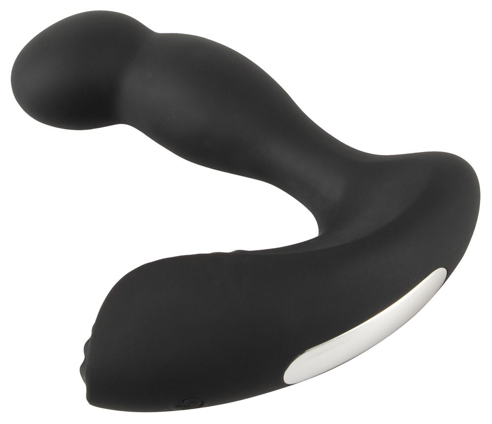 Stimolatore prostatico nero. Forma curva, base scanalata e testa rotonda. Accenti bianchi sulla base.
