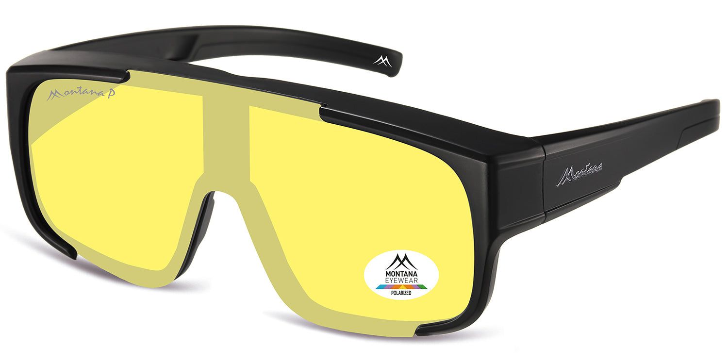 Occhiali da sole neri con lenti gialle. Logo Montana Eyewear e certificazione di polarizzazione.