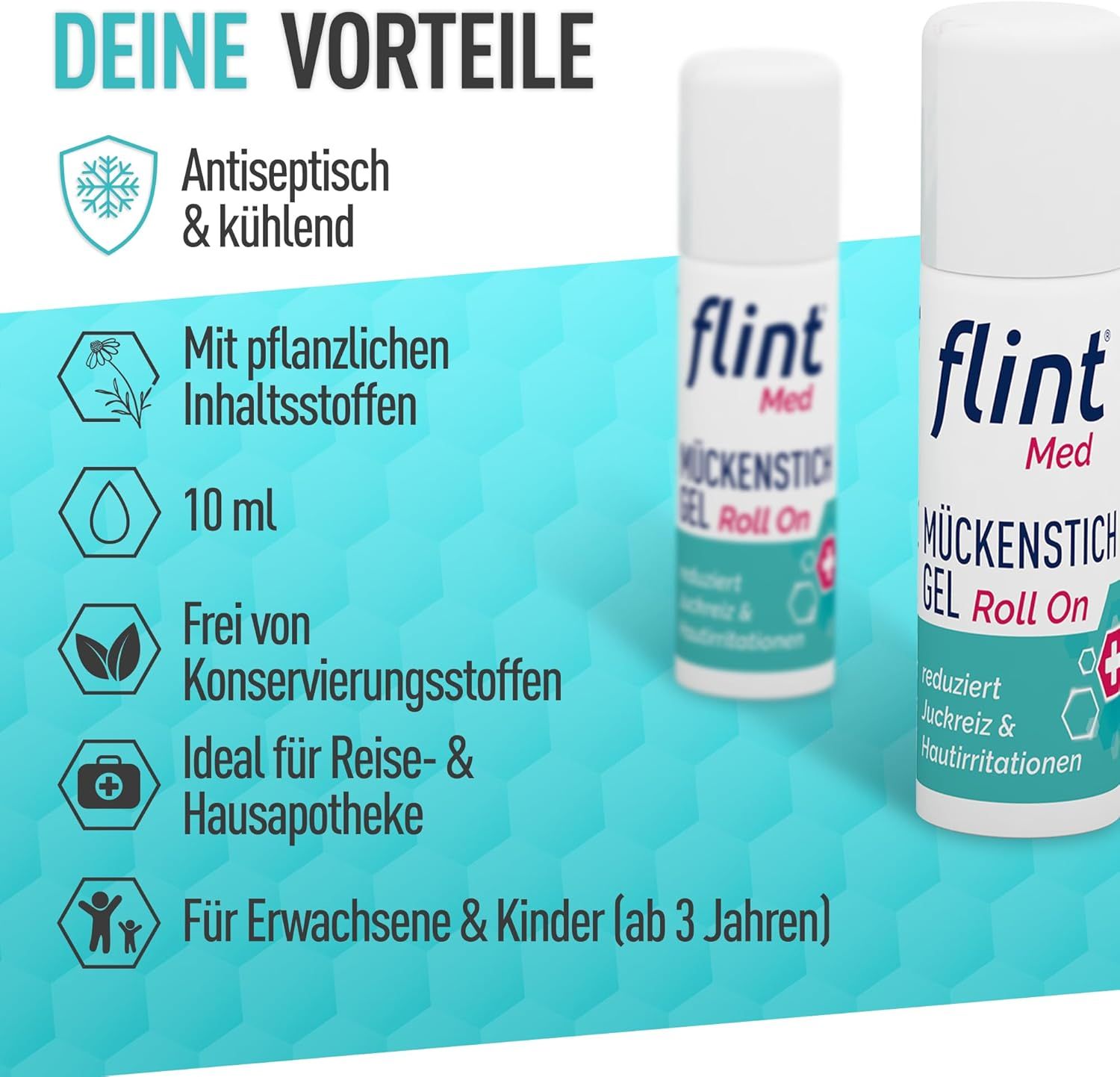 Due flaconi di flint Mückenstich Gel Roll On. Testo: Vantaggi: antisettico, ingredienti vegetali, 10 ml, senza conservanti.