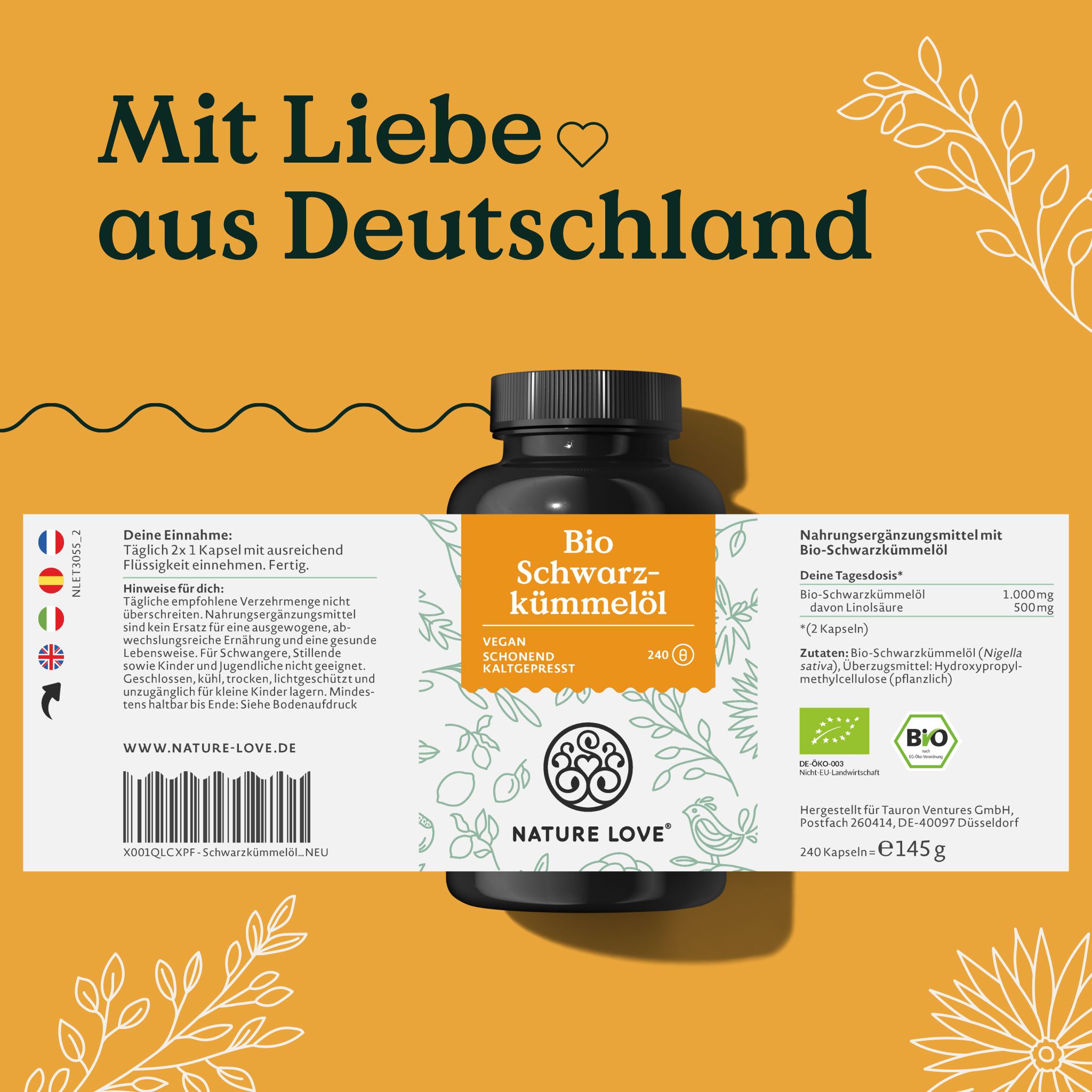 Flacone nero di capsule con etichetta gialla. Scritta: Bio Schwarzkümmelöl. Testo: Integratore alimentare. Fatto in Germania.