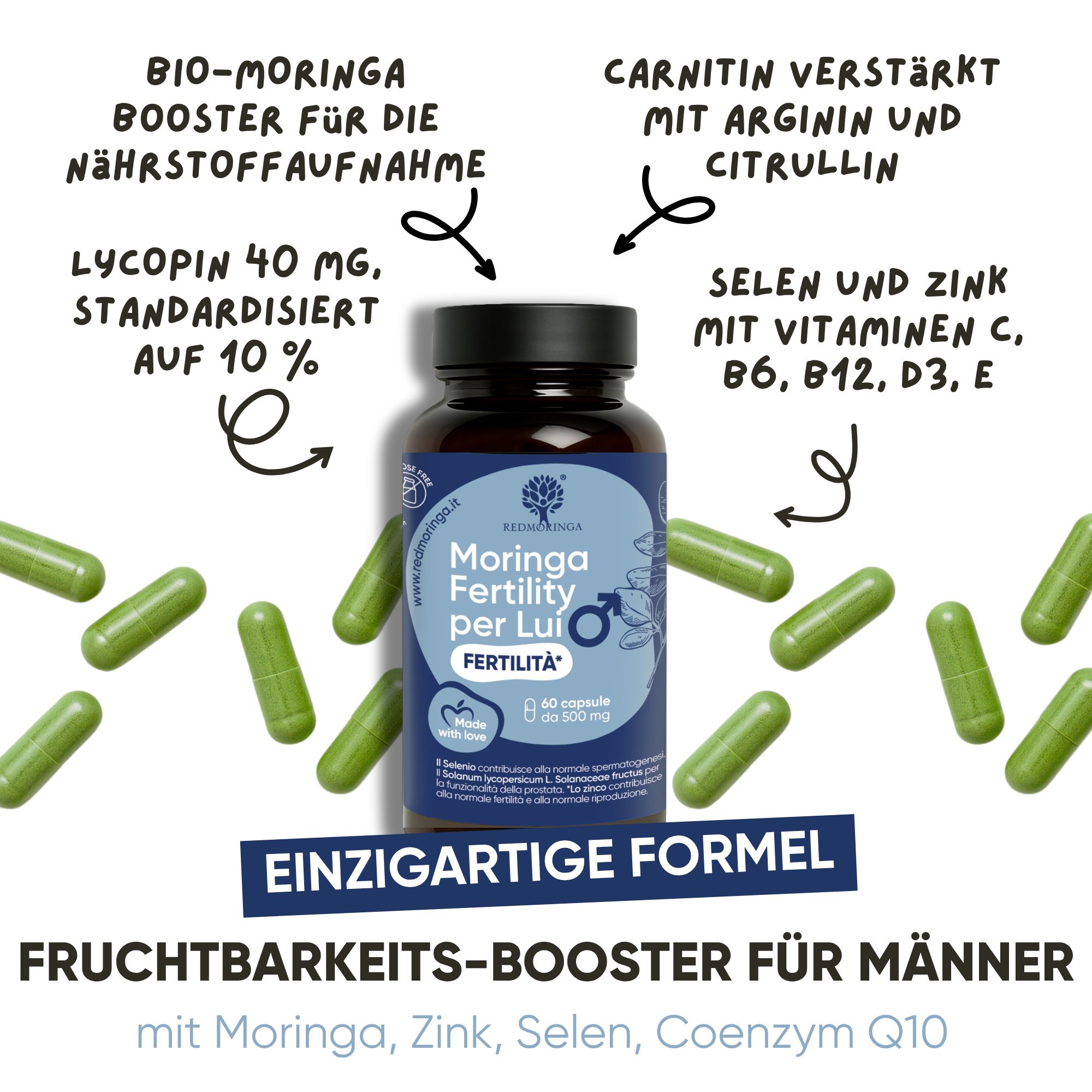 Flacone di capsule, circondato da capsule verdi. Testo: "Formula unica".