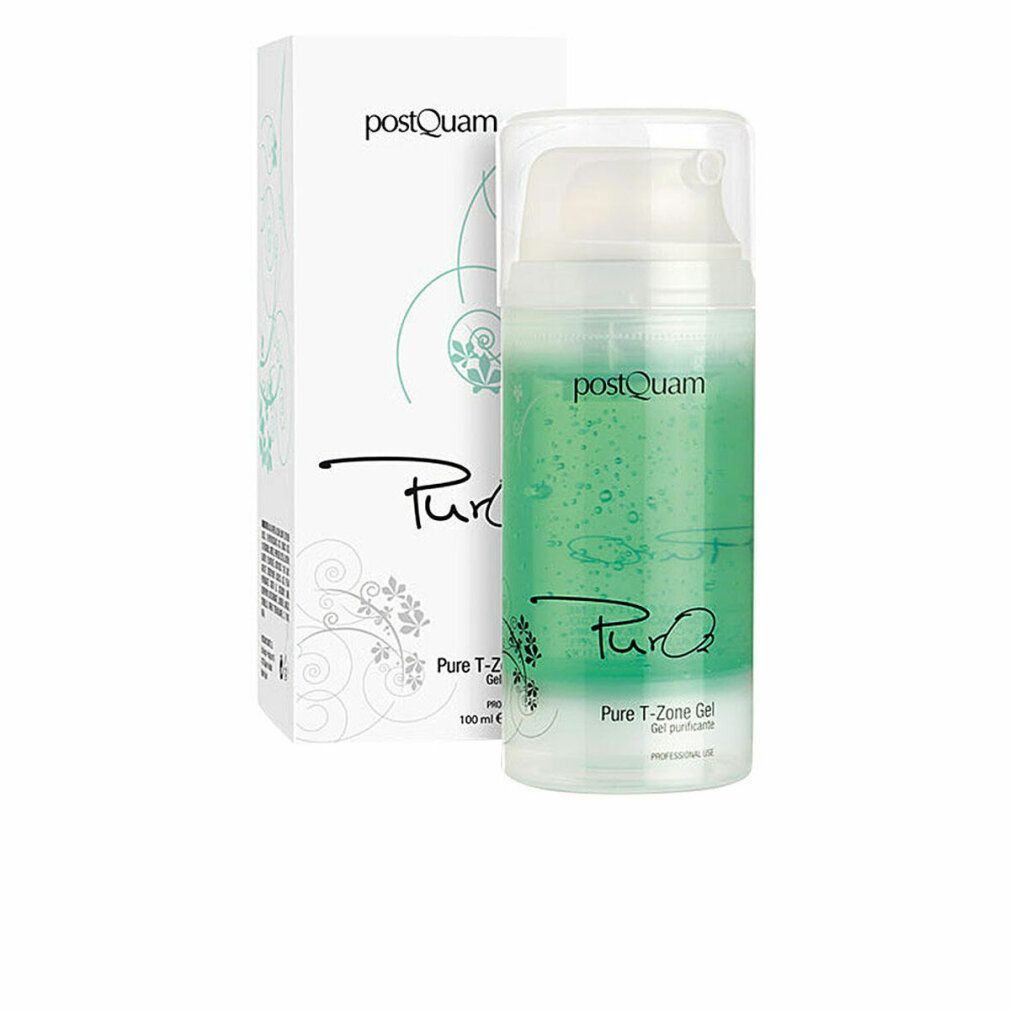 Gel verde in flacone trasparente con dosatore e confezione bianca. Scritta: Postquam, Pure T-Zone Gel.