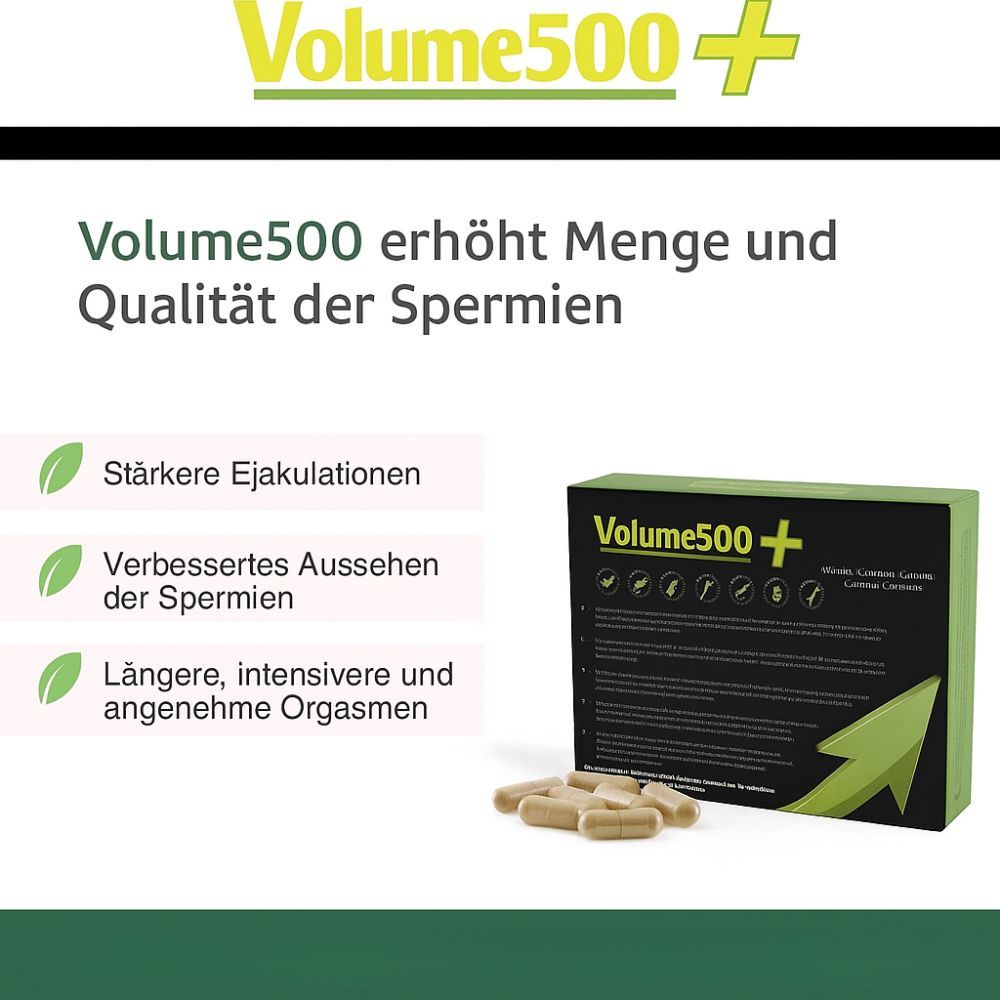 Confezione "Volume500+" con capsule. Testo: "Volume500 aumenta quantità e qualità degli spermatozoi".
