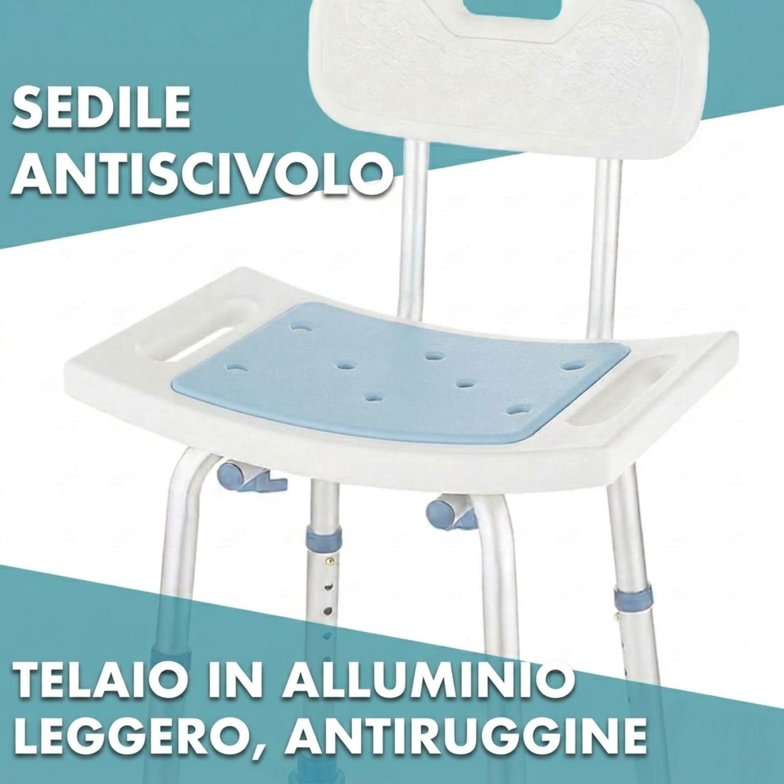 Sedia da doccia con schienale. Sedile antiscivolo. Cuscino blu.
