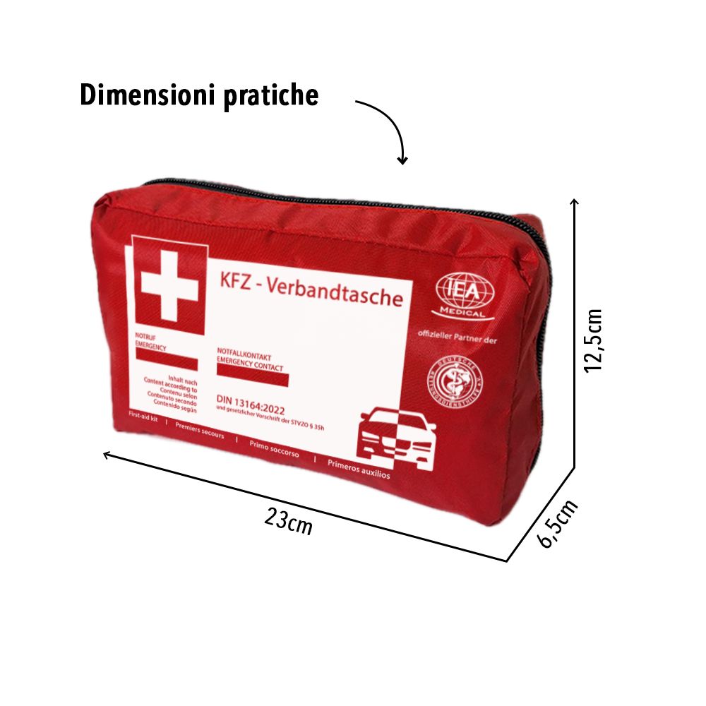 Borsa di pronto soccorso rossa con dimensioni: 23 x 12,5 x 6,5 cm. Testo: Dimensioni pratiche.