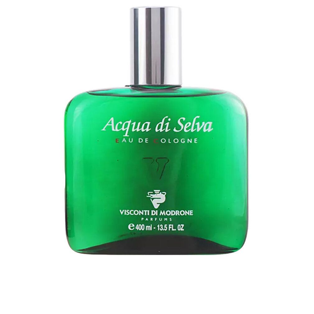 Flacone di vetro verde. Scritta: Acqua di Selva Eau de Cologne. Marchio: Visconti di Modrone. Flacone: 400 ml.