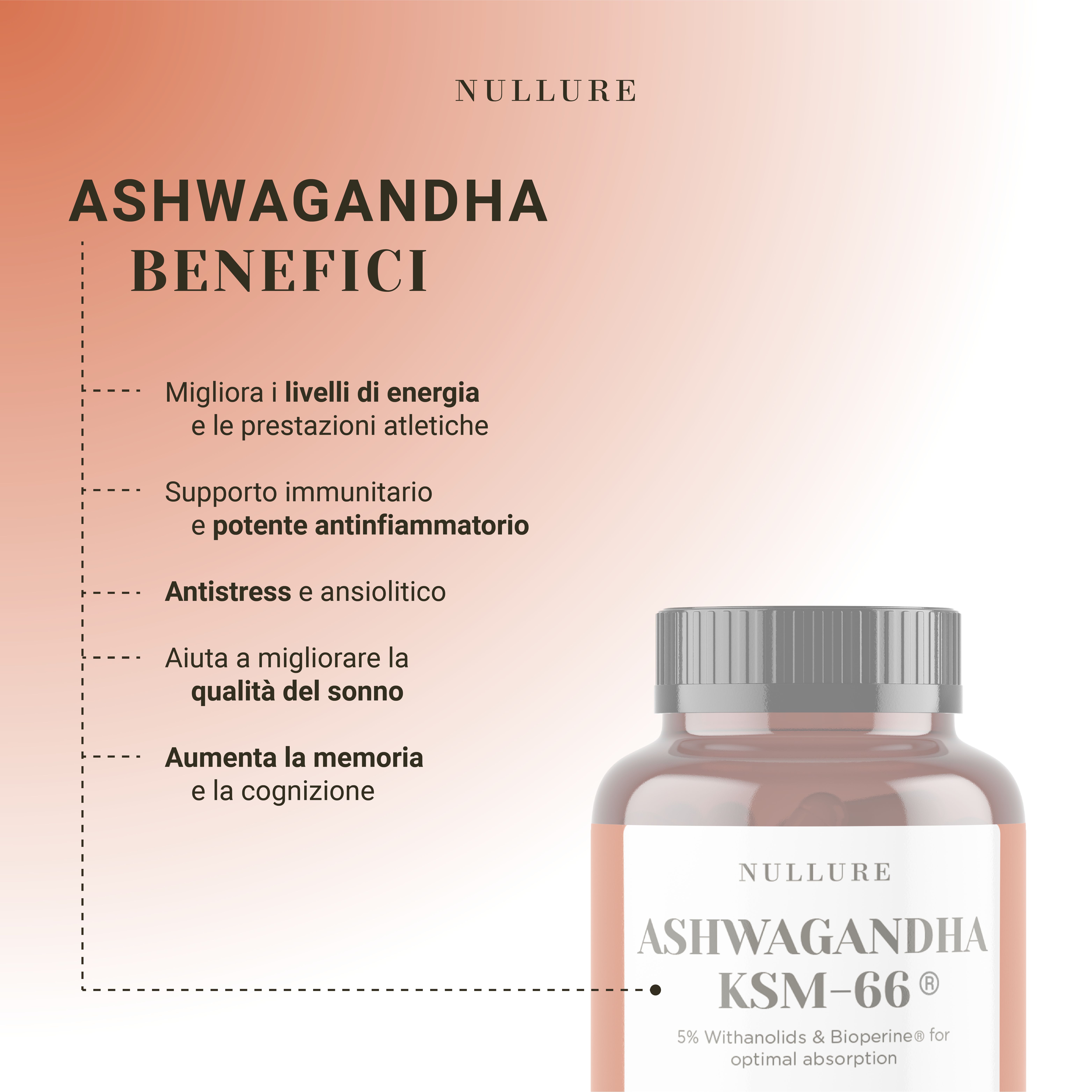 Flacone marrone con capsule. Scritta: Ashwagandha Benefici. Testo sui benefici: energia, sistema immunitario, anti-stress, sonno, memoria.