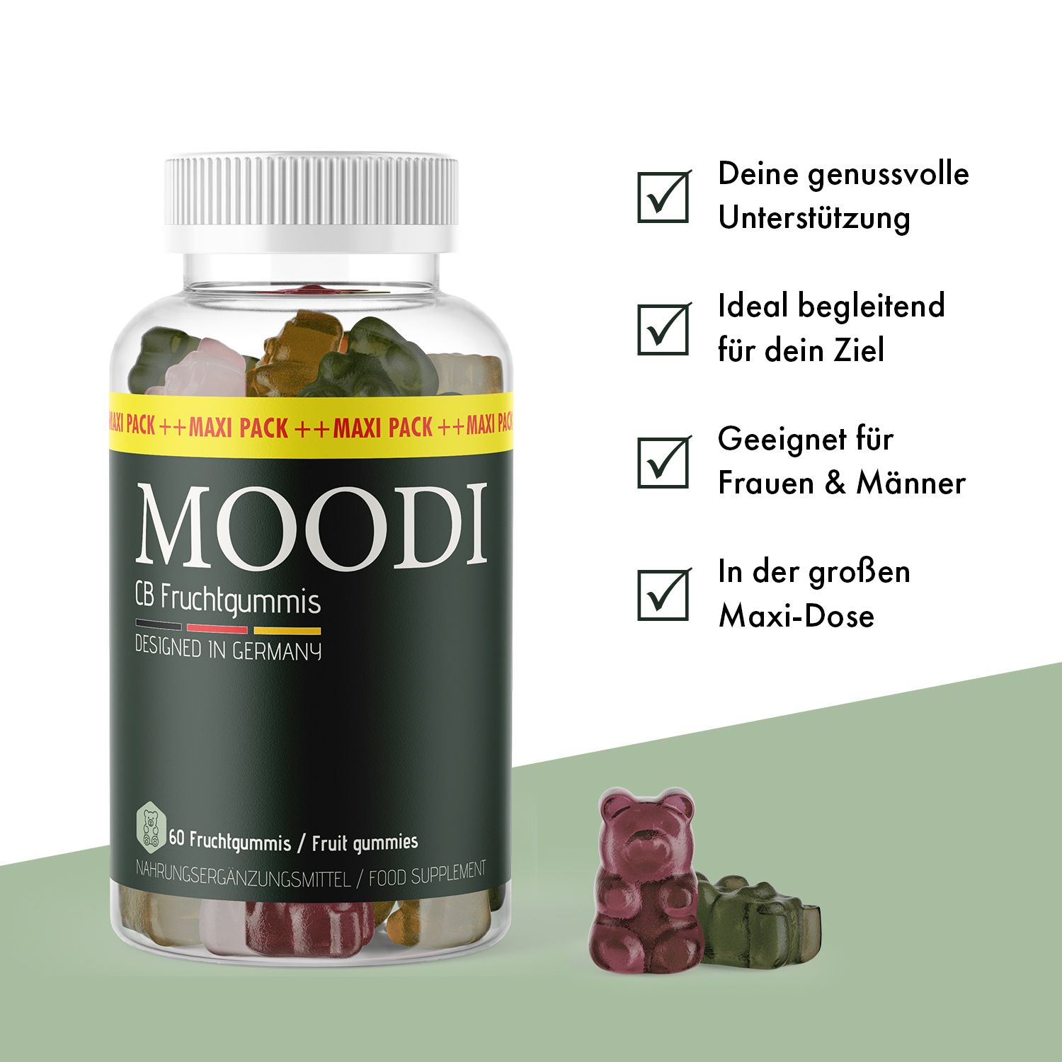 Flacone Moodi CB Fruchtgummis con testo. Quattro segni di spunta verdi accanto al testo. Caramelle gommose accanto.