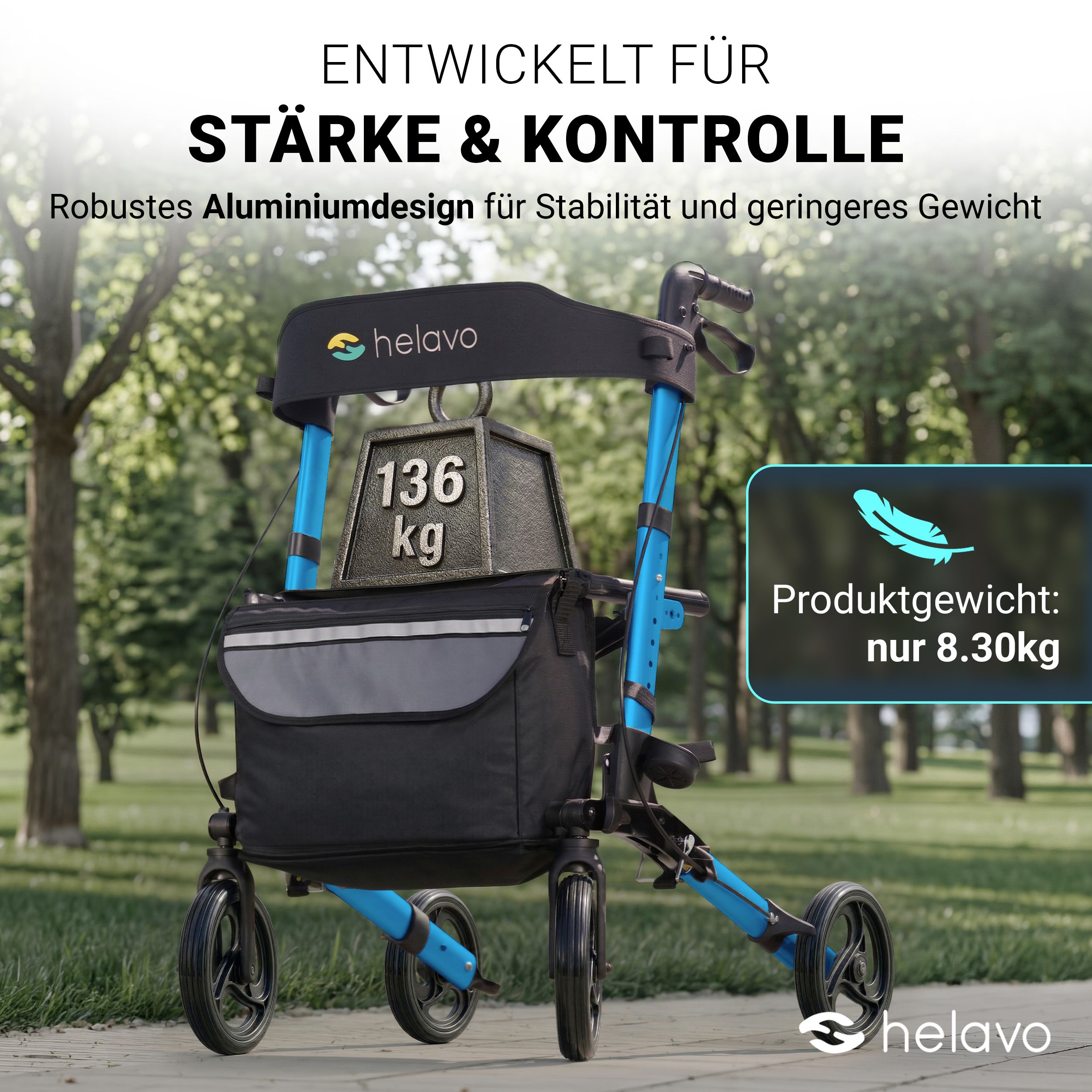 Rollator blu in alluminio con borsa, capacità 136 kg, peso 8,3 kg.