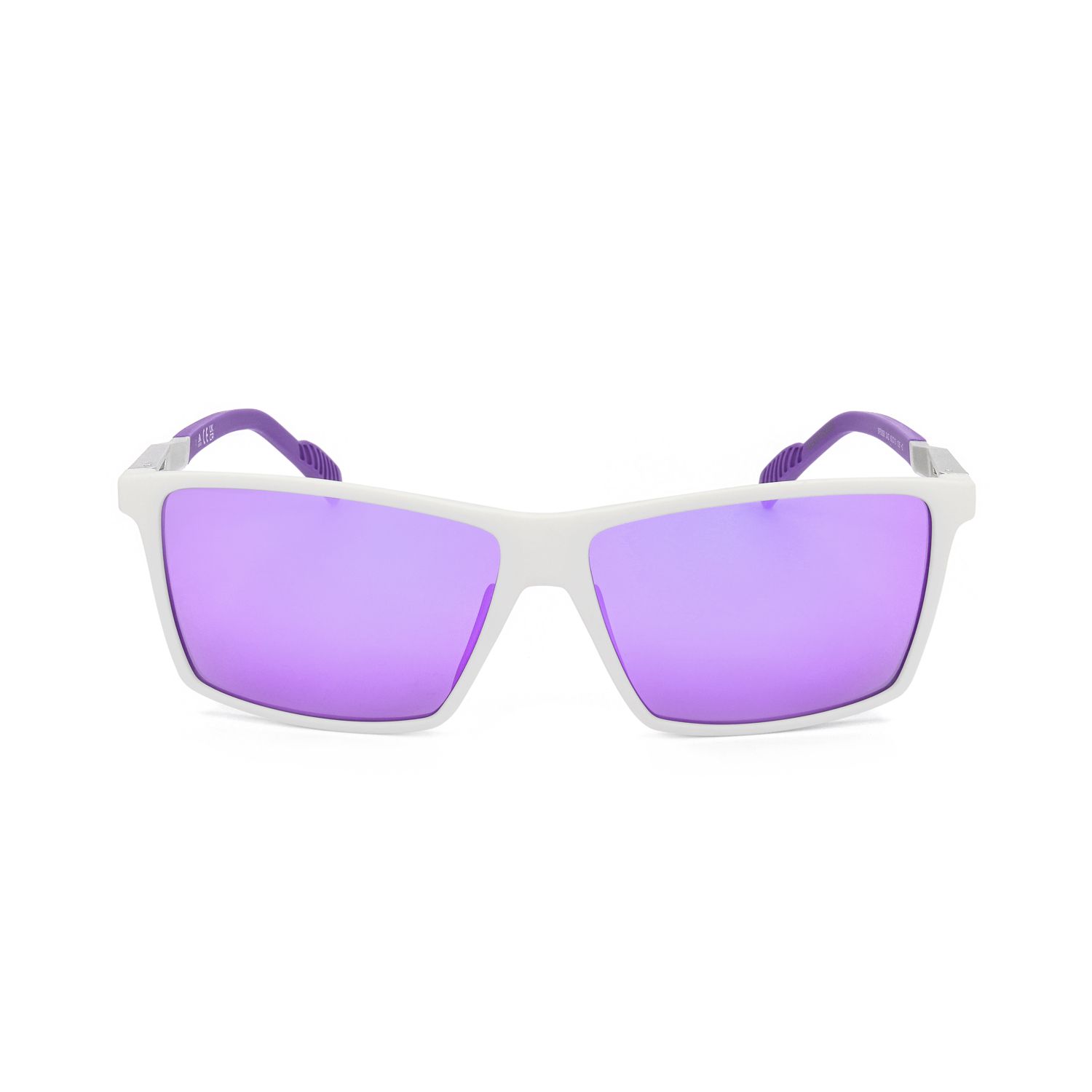 Occhiali da sole bianchi con lenti rettangolari a specchio viola e accenti viola sulle aste.