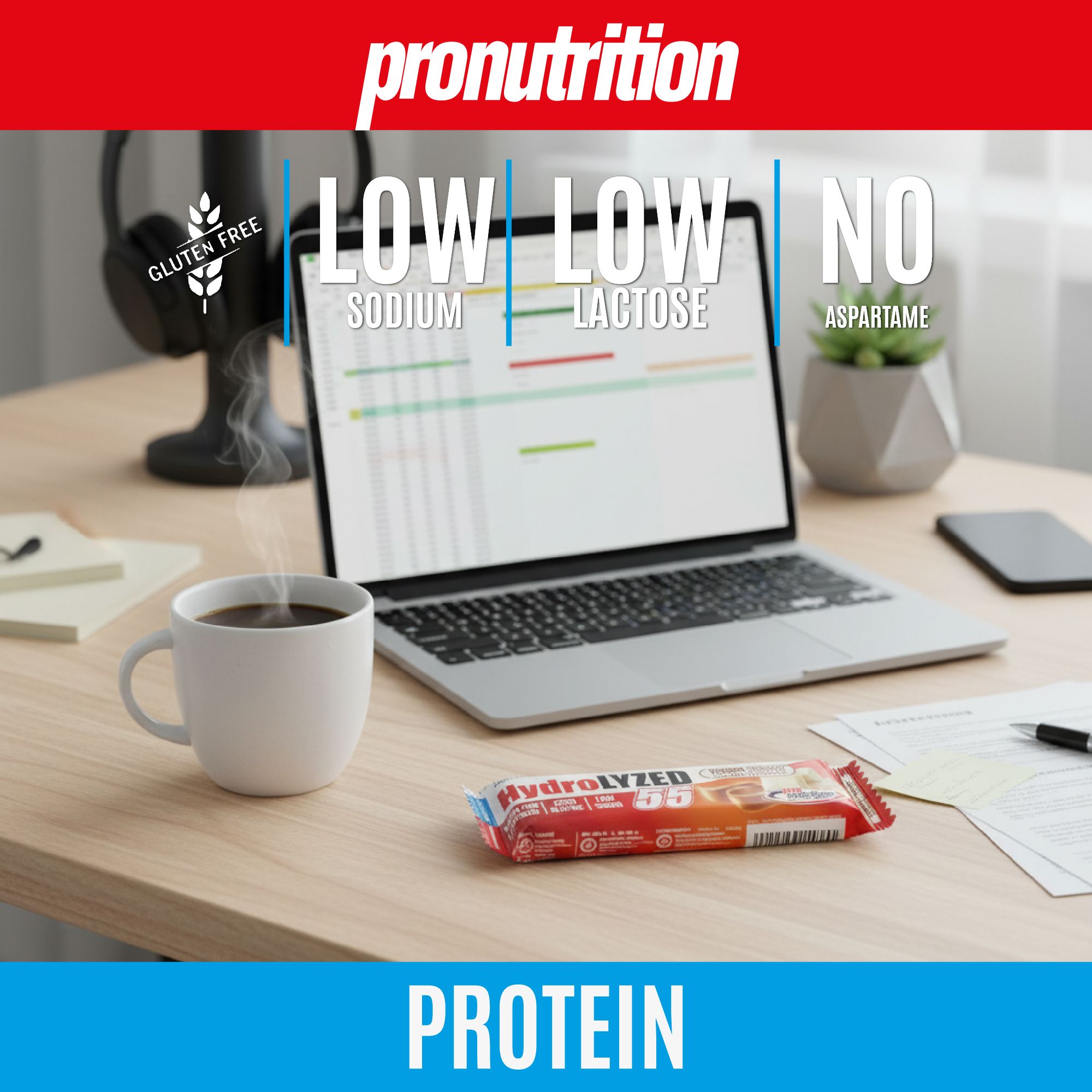 Scrivania con laptop, tazza di caffè e barretta proteica. Scritta: HydroLYZED 55, Senza glutine, Basso sodio, Basso lattosio, Senza aspartame.