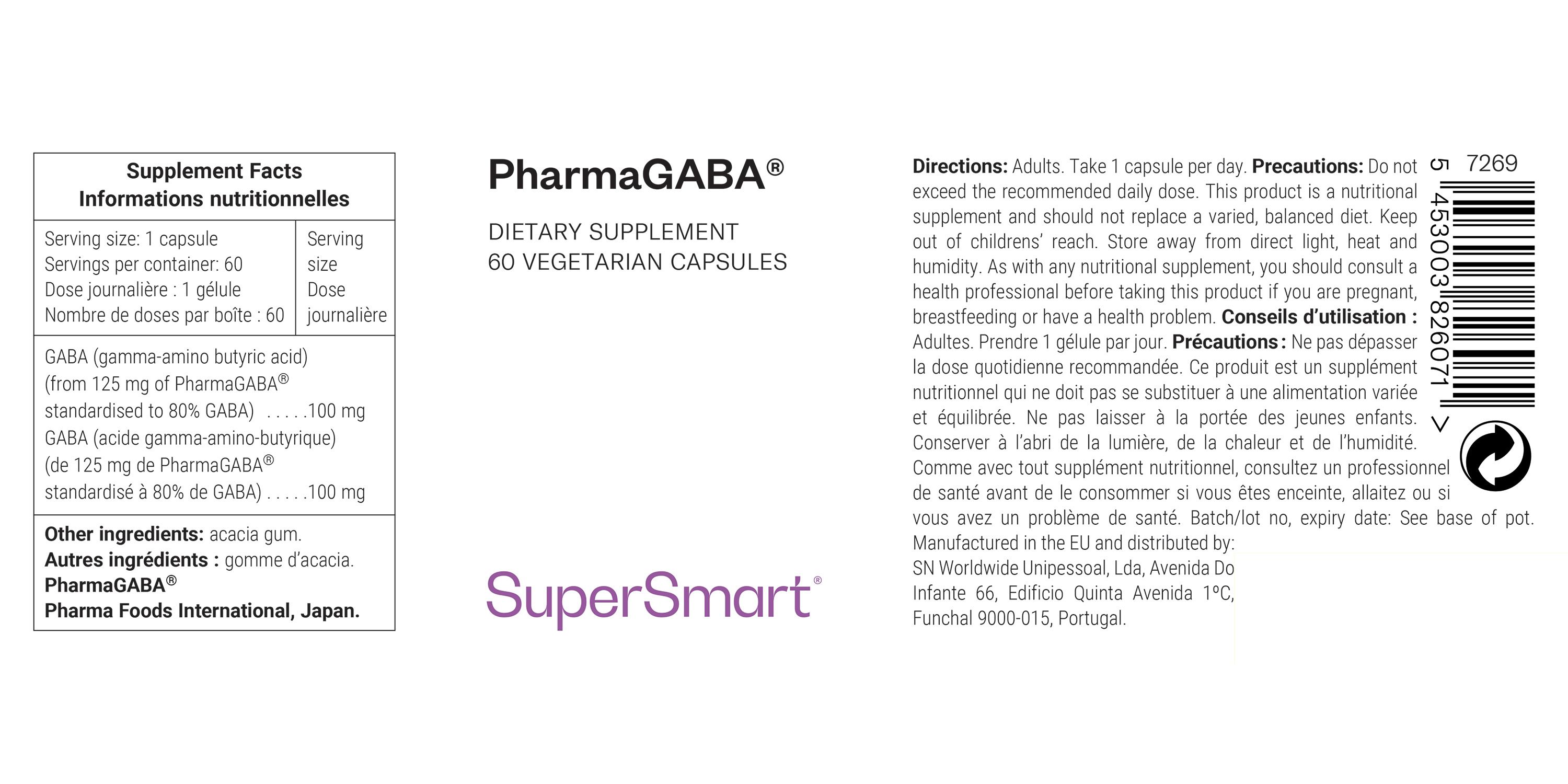 Etichetta PharmaGABA® con informazioni nutrizionali, 60 capsule. Contiene GABA, gomma acacia. Logo SuperSmart.