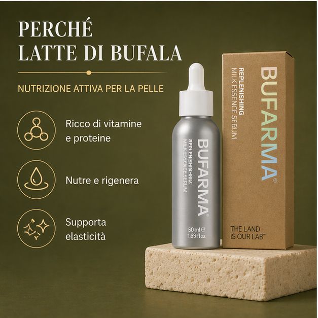 Flacone di siero e confezione. Scritta BUFARMA, Replenishing Milk Essence Serum. Contagocce. Confezione marrone. Testo: Perché Latte di Bufala.