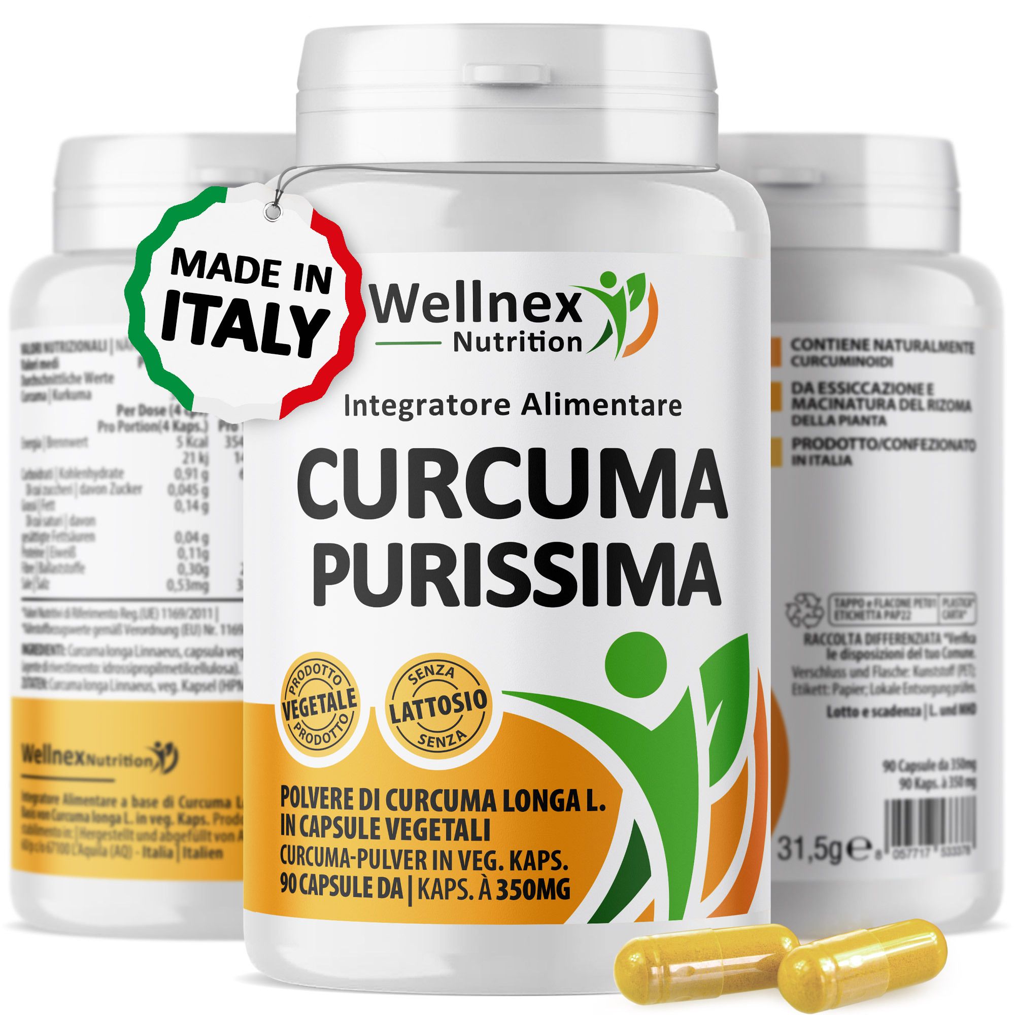 Wellnex Nutrition Curcuma Purissima Polvere - Curcuma Longa - 90 Capsule Vegetali