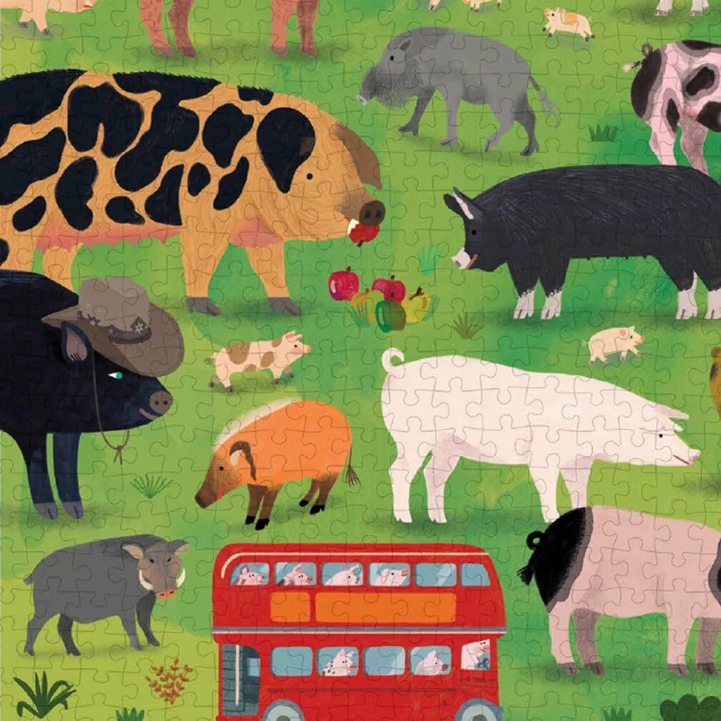 Dettaglio del puzzle. Maiali su sfondo verde. Illustrazione di un autobus a due piani rosso.
