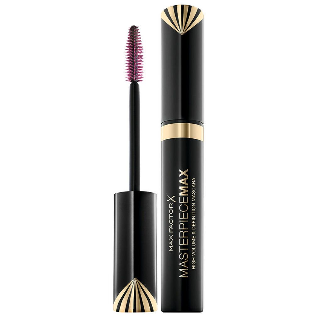 Tubo di mascara nero con dettagli dorati. Scritta: Max Factor Masterpiece Max High Volume & Definition Mascara. Spazzolino viola visibile.