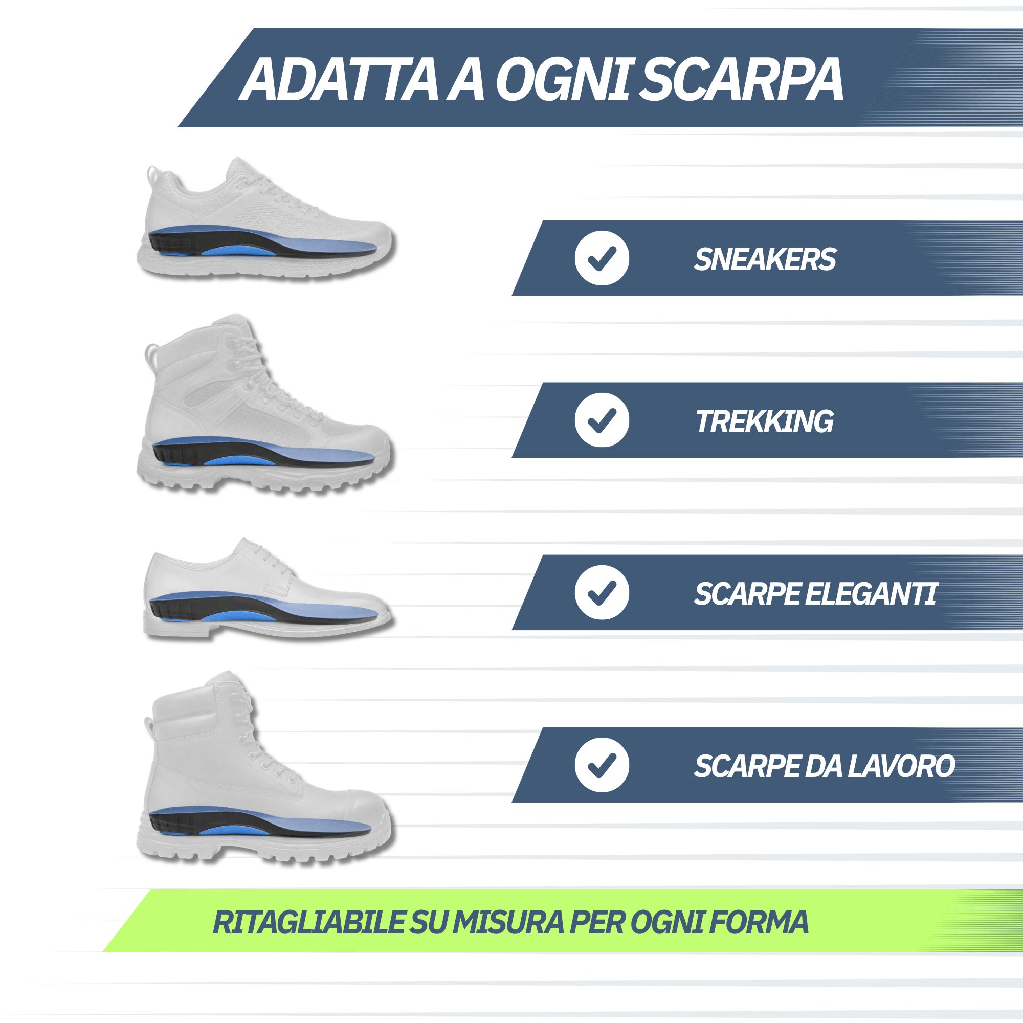 Solette adatte a sneakers, scarpe da trekking, scarpe eleganti e scarpe da lavoro.