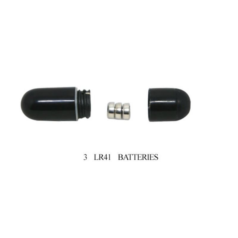 Capsula nera aperta con tre batterie LR41. Testo: 3 BATTERIE LR41.