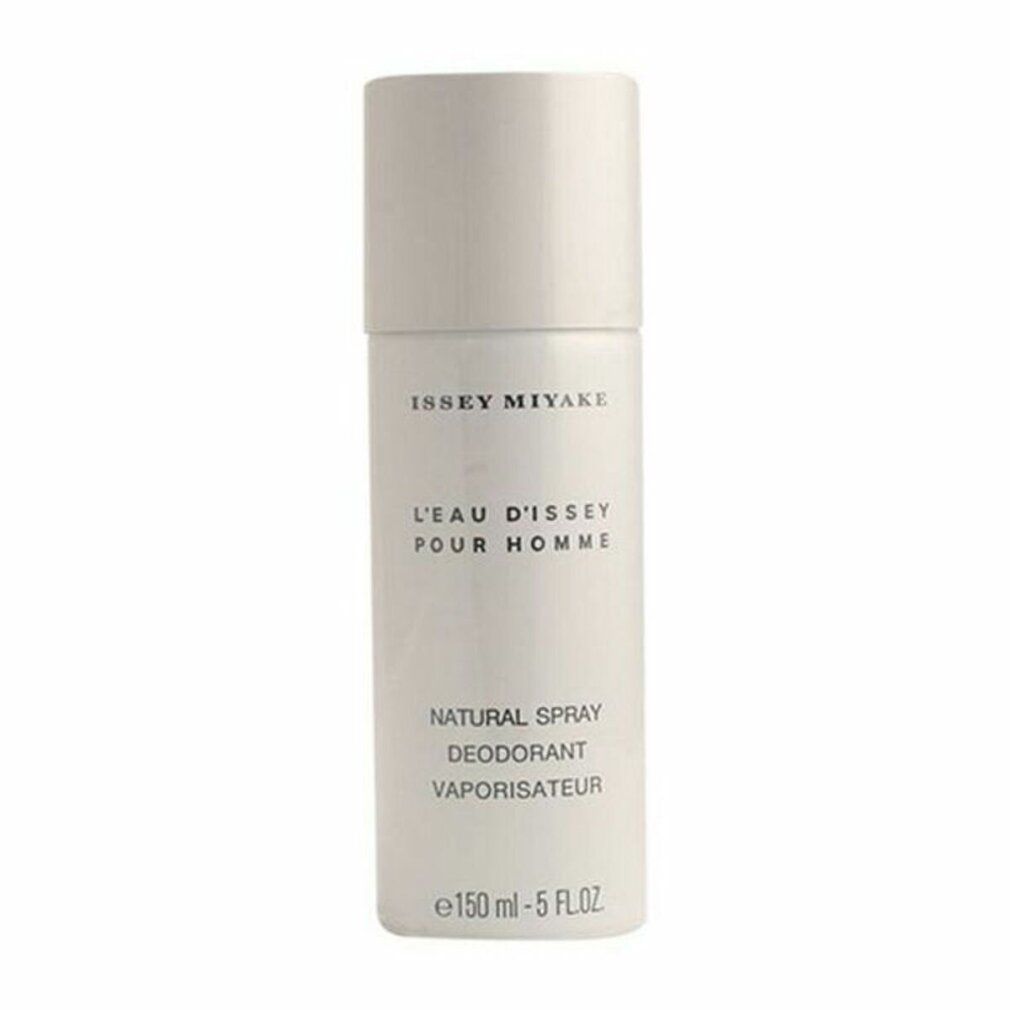 Spray deodorante bianco con tappo bianco. Testo: Issey Miyake, L'Eau d'Issey Pour Homme, Natural Spray, Deodorant, Vaporisateur.