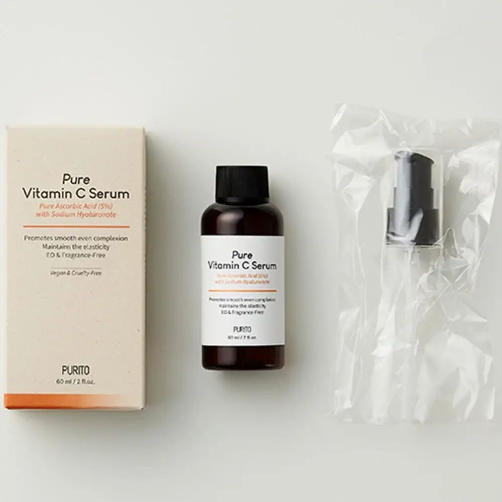 Flacone di siero, scatola e erogatore vuoto in confezione di plastica. Scritta: Pure Vitamin C Serum.