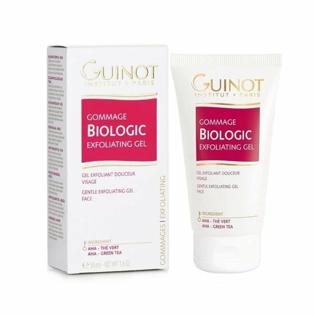 Confezione prodotto con tubo e scatola. Scritta: Guinot, Gommage Biologic, Exfoliating Gel. Contiene AHA e tè verde. 50ml.