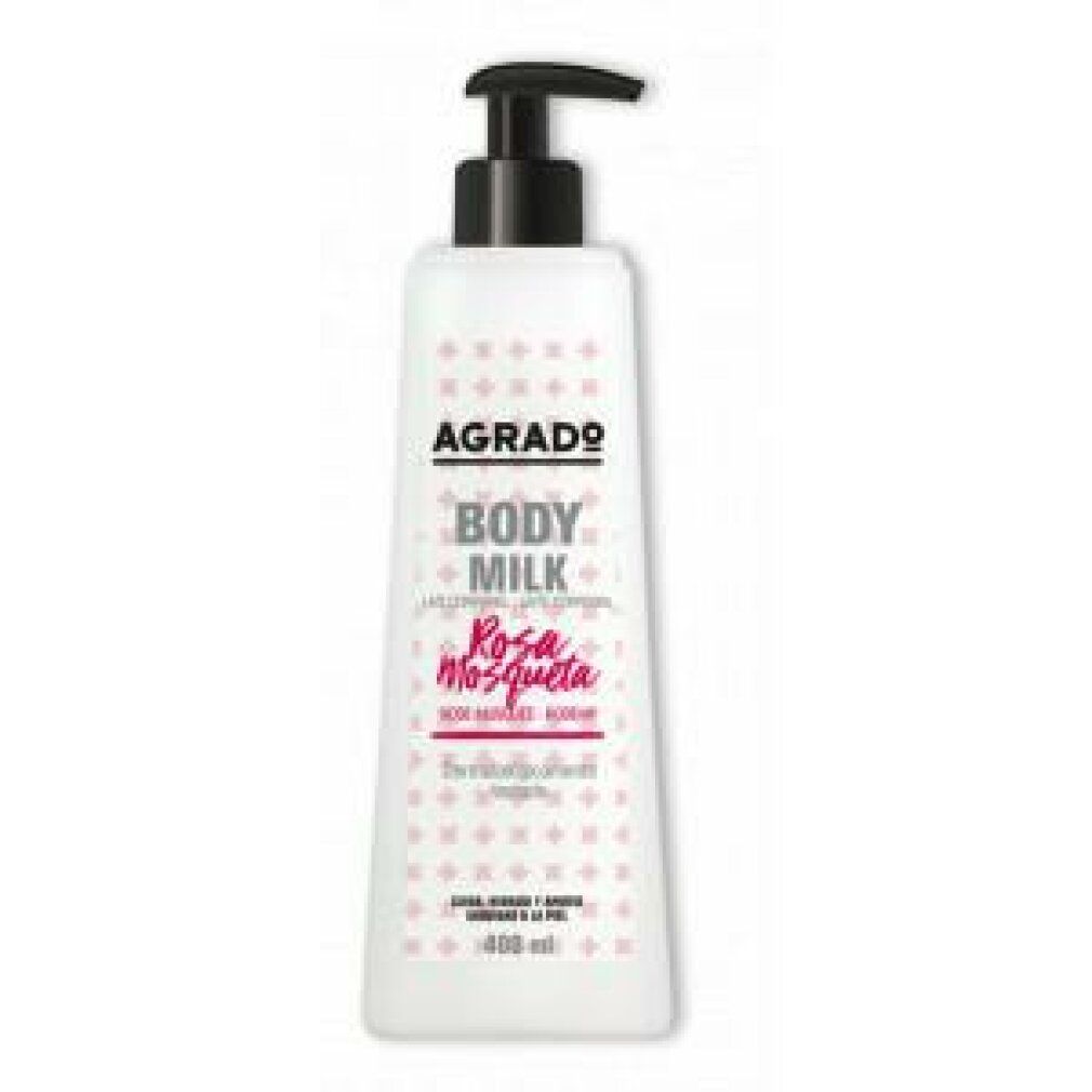 Flacone bianco con erogatore nero. Scritta: Agrado Body Milk Rosa Mosqueta. 400 ml.
