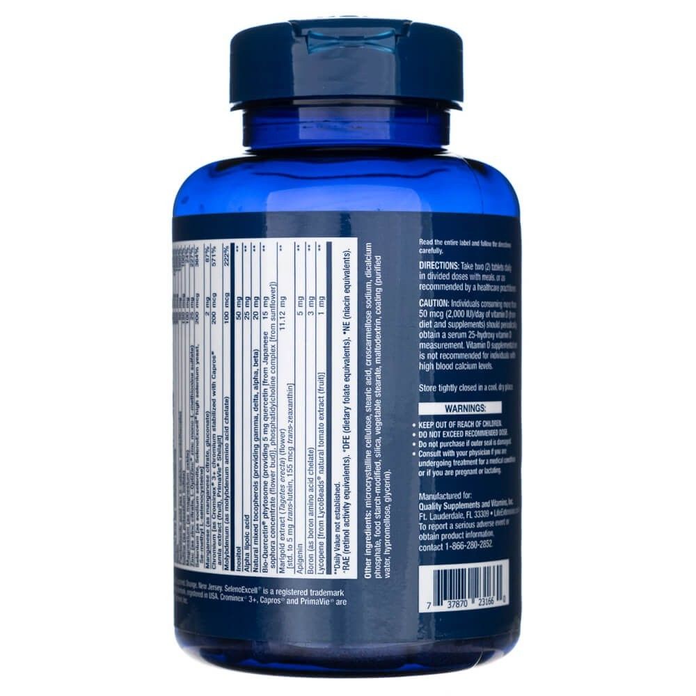 Retro della bottiglia con istruzioni, avvertenze e informazioni del produttore per Life Extension Two-Per-Day Multivitamin.