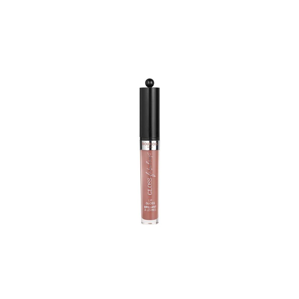 Un lucidalabbra Bourjois con tappo nero e contenuto rosa, su sfondo bianco.