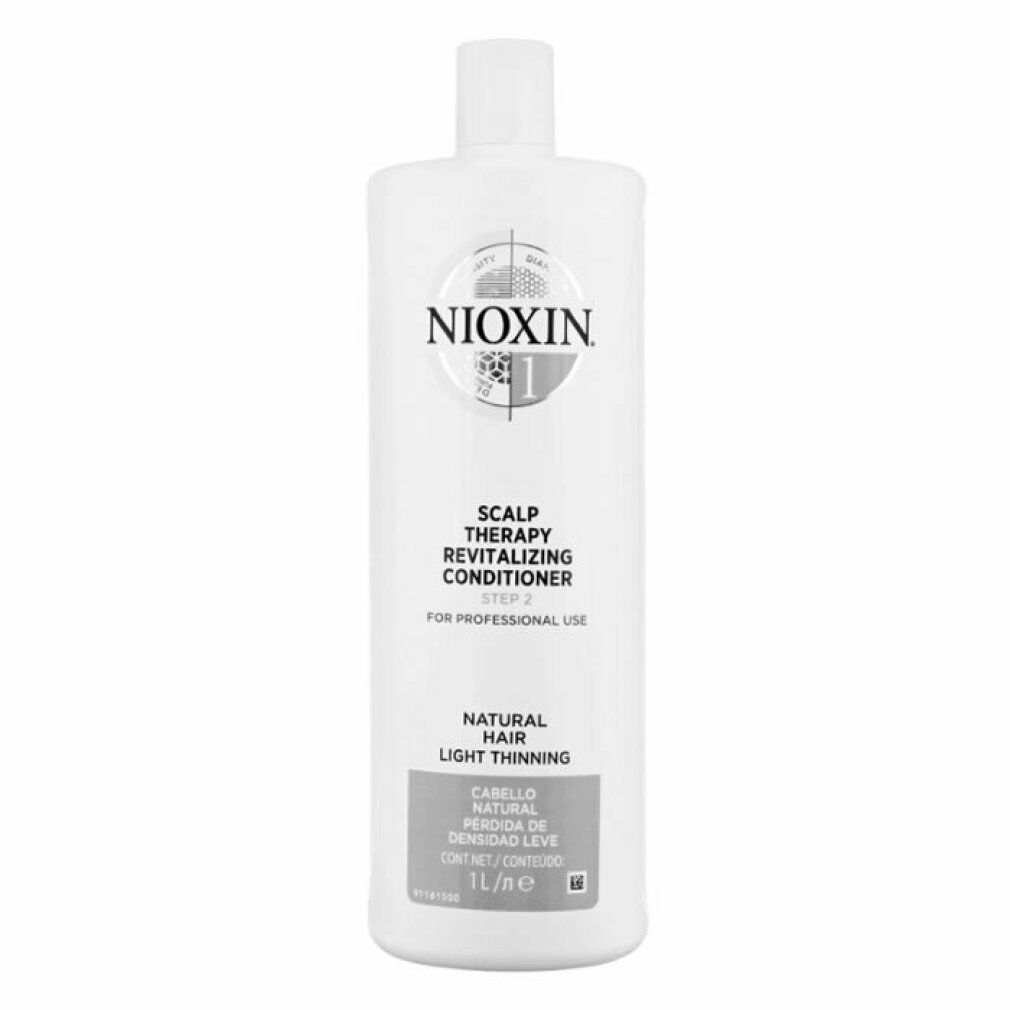 Conditioner Nioxin System 1. Flacone bianco con etichetta. Testo: Scalp Therapy Revitalizing Conditioner. Per uso professionale.