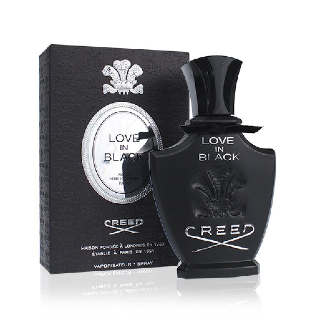 Flacone e confezione neri. Scritta "Love in Black" e "Creed".