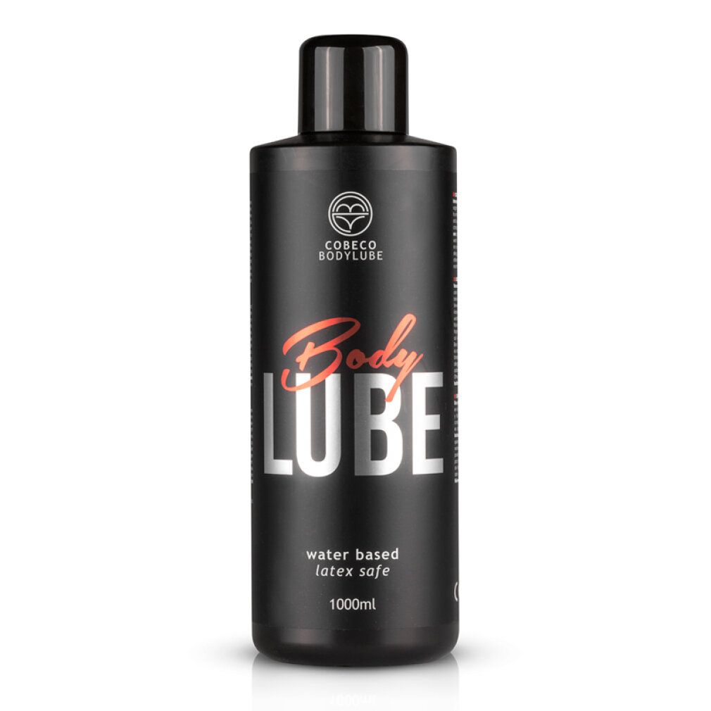 Flacone nero con tappo nero. Scritta: Body Lube, a base d'acqua, senza lattice, 1000 ml. Logo: Cobeco Bodylube.