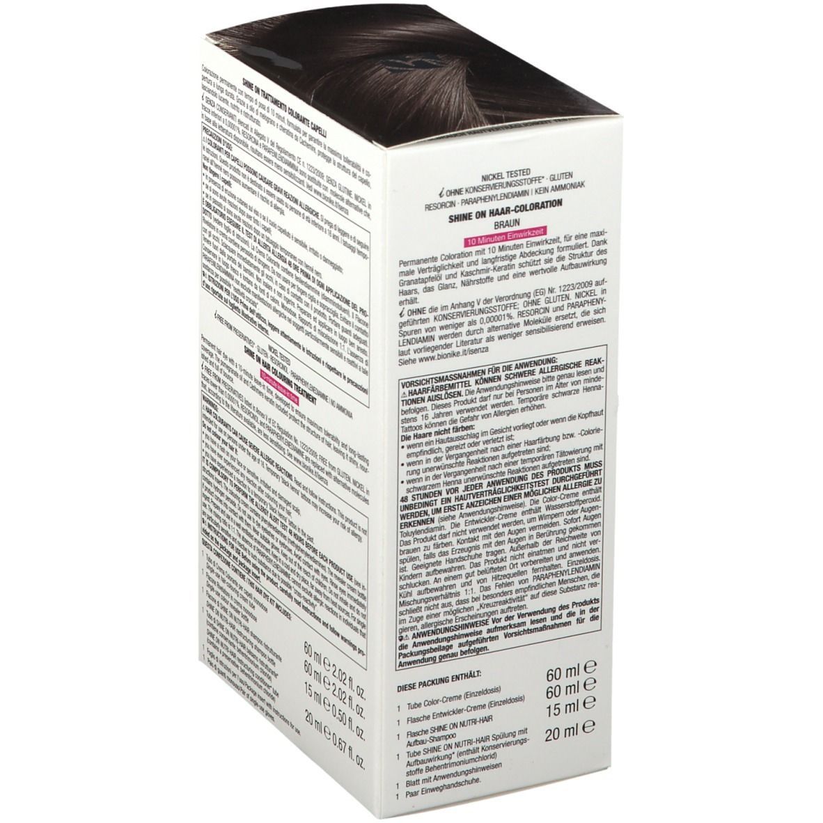 Confezione BioNike SHINE ON FAST 400 Castano. Contiene informazioni sugli ingredienti e l'uso. Colore castano, tempo di posa 10 minuti.