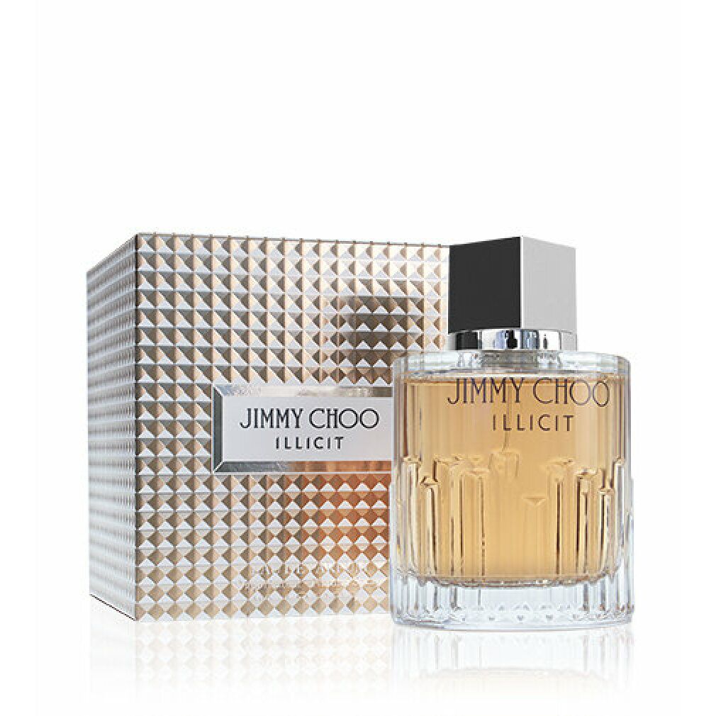 Flacone di profumo e confezione. Scritta: JIMMY CHOO ILLICIT. Flacone con tappo quadrato e liquido dorato.
