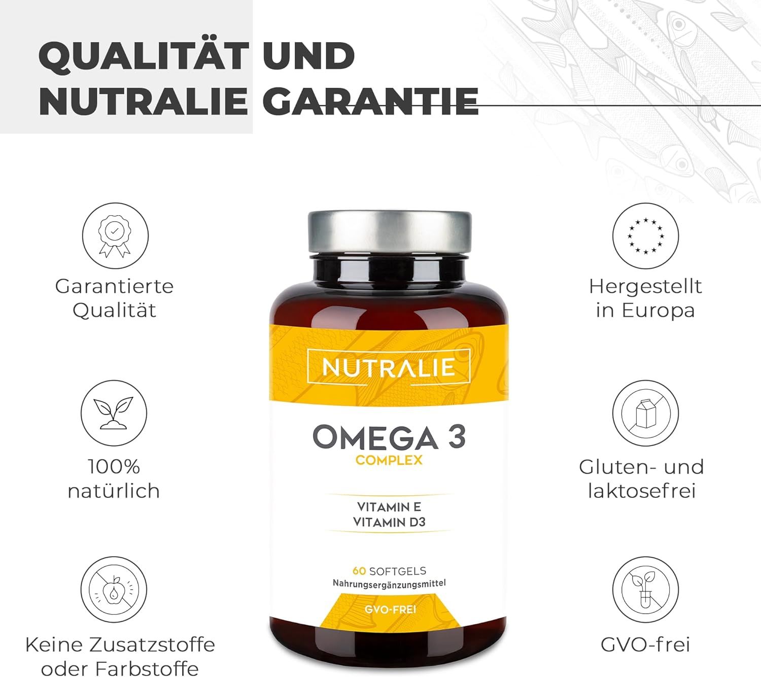 Nutralie Omega 3 capsule con infografica. Scritta: Omega 3 Complex, Vitamina E, Vitamina D3, 40 softgels. Sigillo di qualità.
