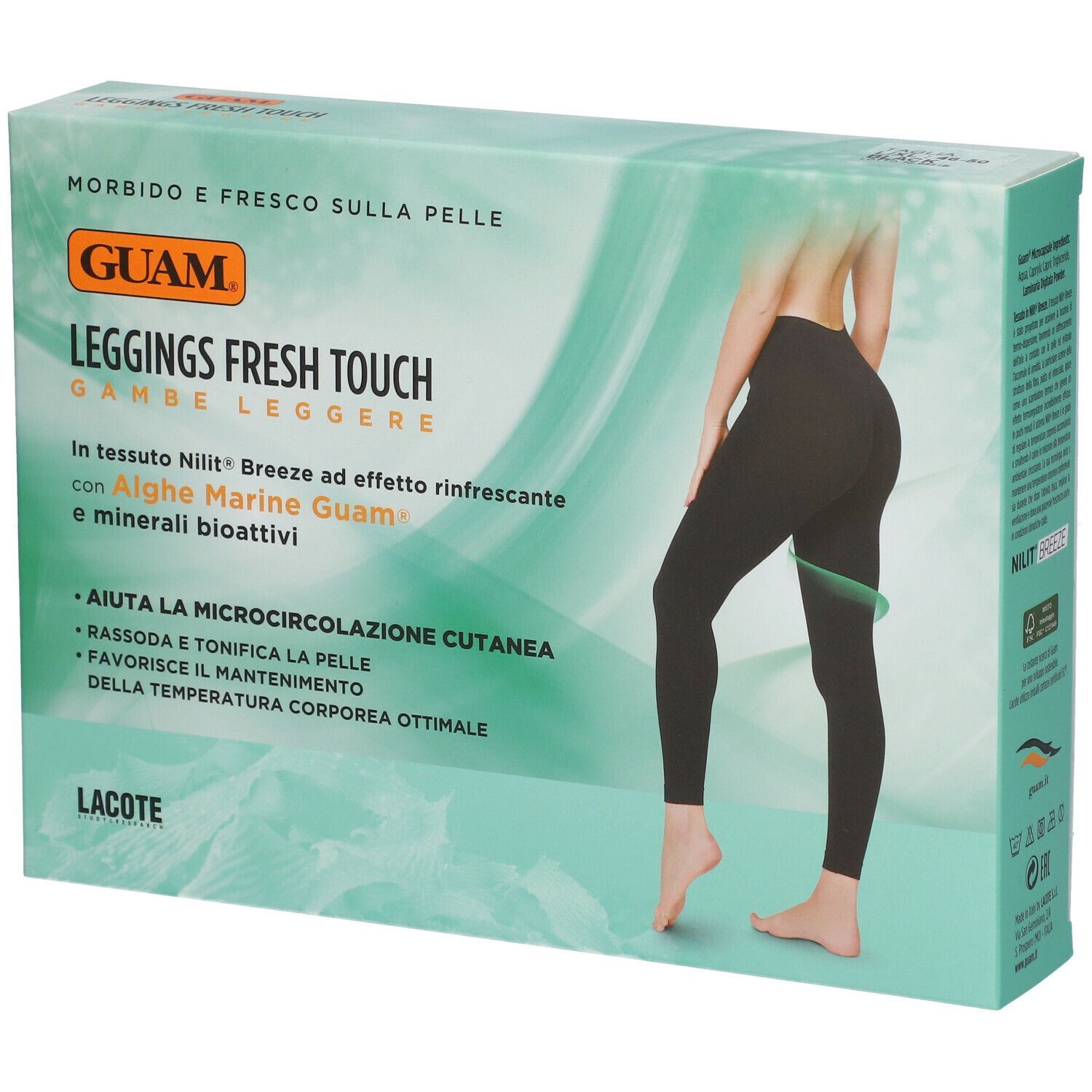 GUAM® Leggings Fresh Touch L/XL in confezione. Leggings neri, illustrazione di donna. Testo: Alghe, microcircolazione.