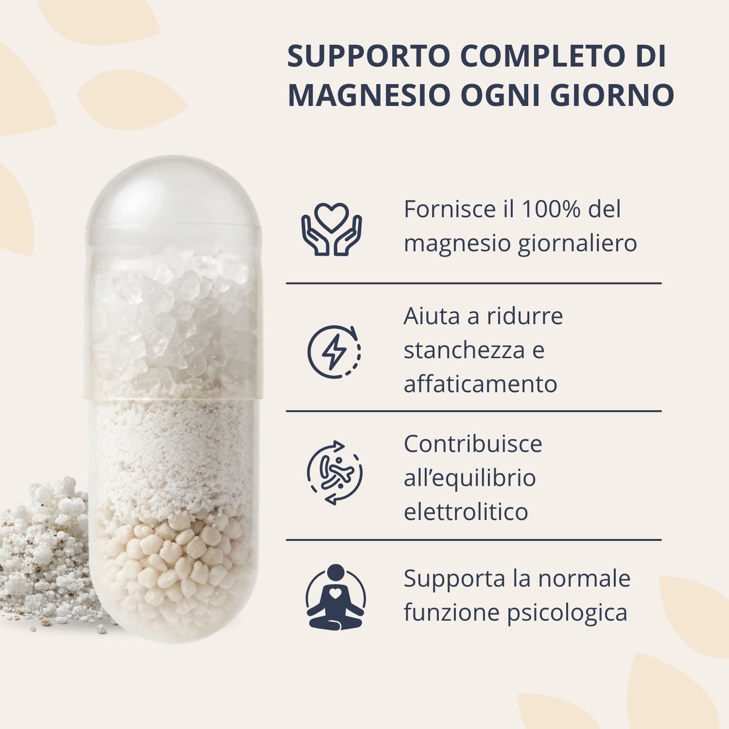 Capsula trasparente con granuli di magnesio, fornisce 100% del fabbisogno giornaliero, riduce stanchezza.