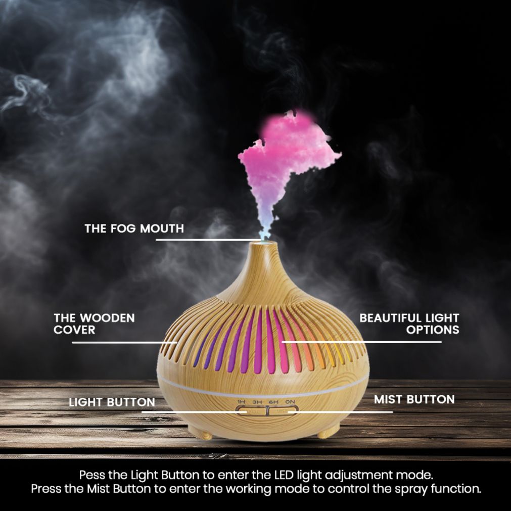 Diffusore di aromi color legno con 7 LED colorati e uscita di vapore.