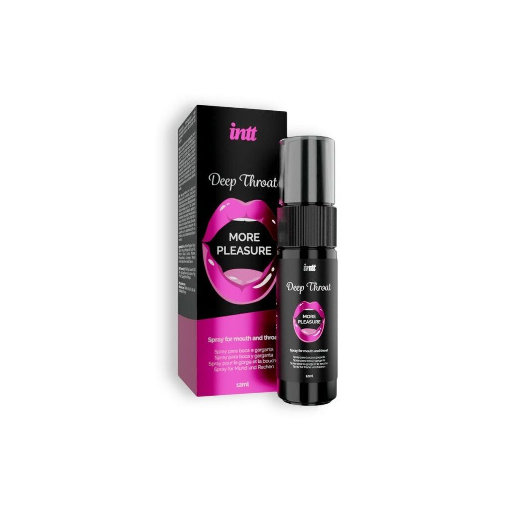 Flacone e confezione. Scritta: intt Deep Throat, More Pleasure. Per bocca e gola. 12ml.