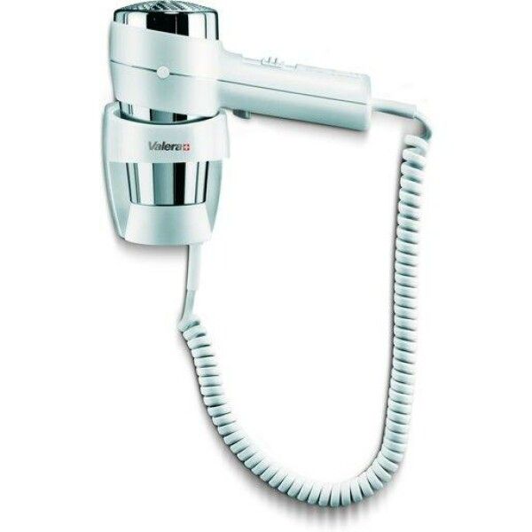 Asciugacapelli da parete bianco con cavo a spirale. Testa cromata, supporto con logo Valera.