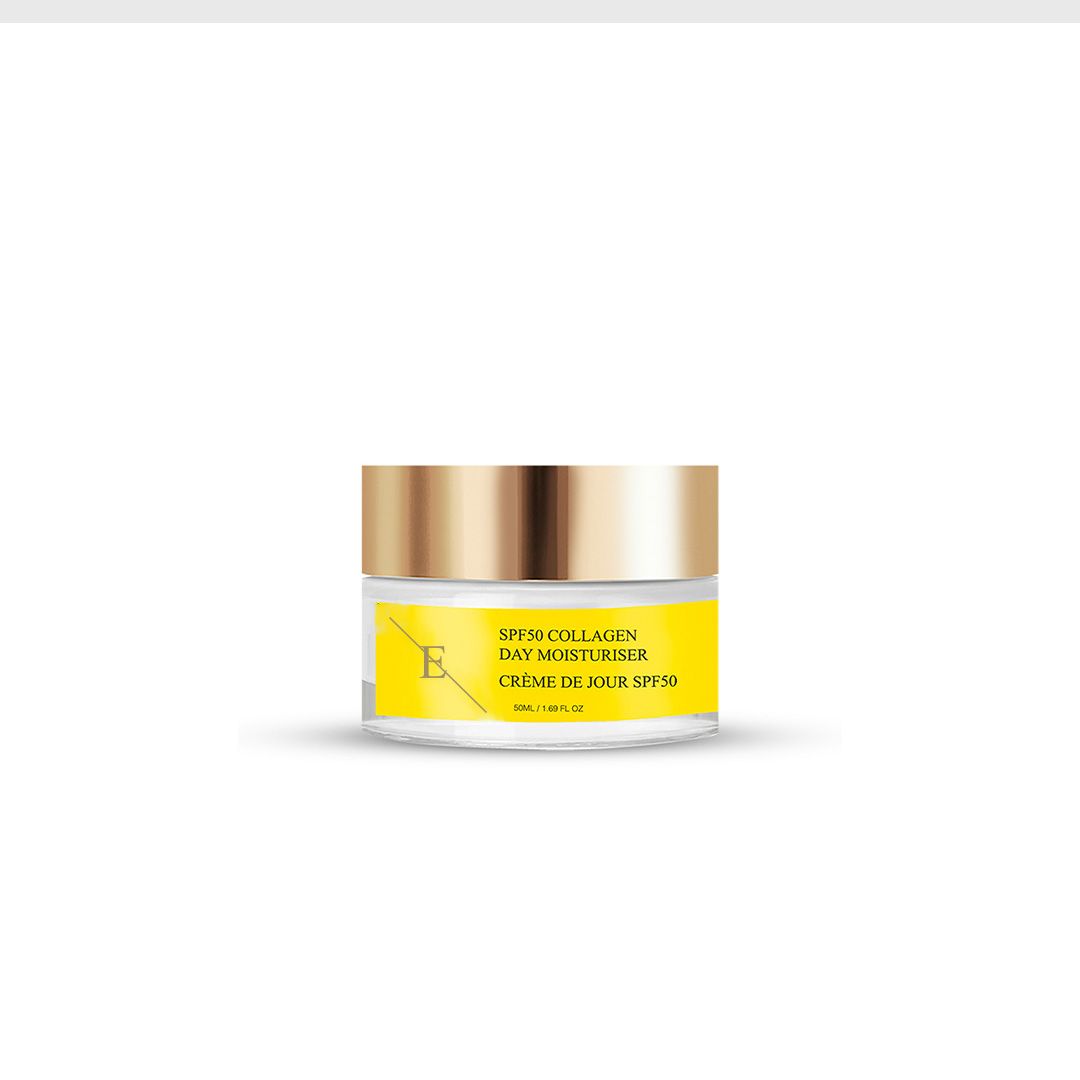 Vasetto di crema giorno. Scritta: SPF50 Collagen Day Moisturiser. Coperchio dorato.