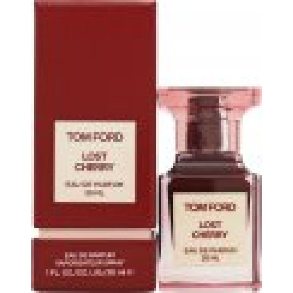 Flacone di profumo e confezione. Scritta: Tom Ford Lost Cherry Eau de Parfum 30 ml. Tonalità rossa.