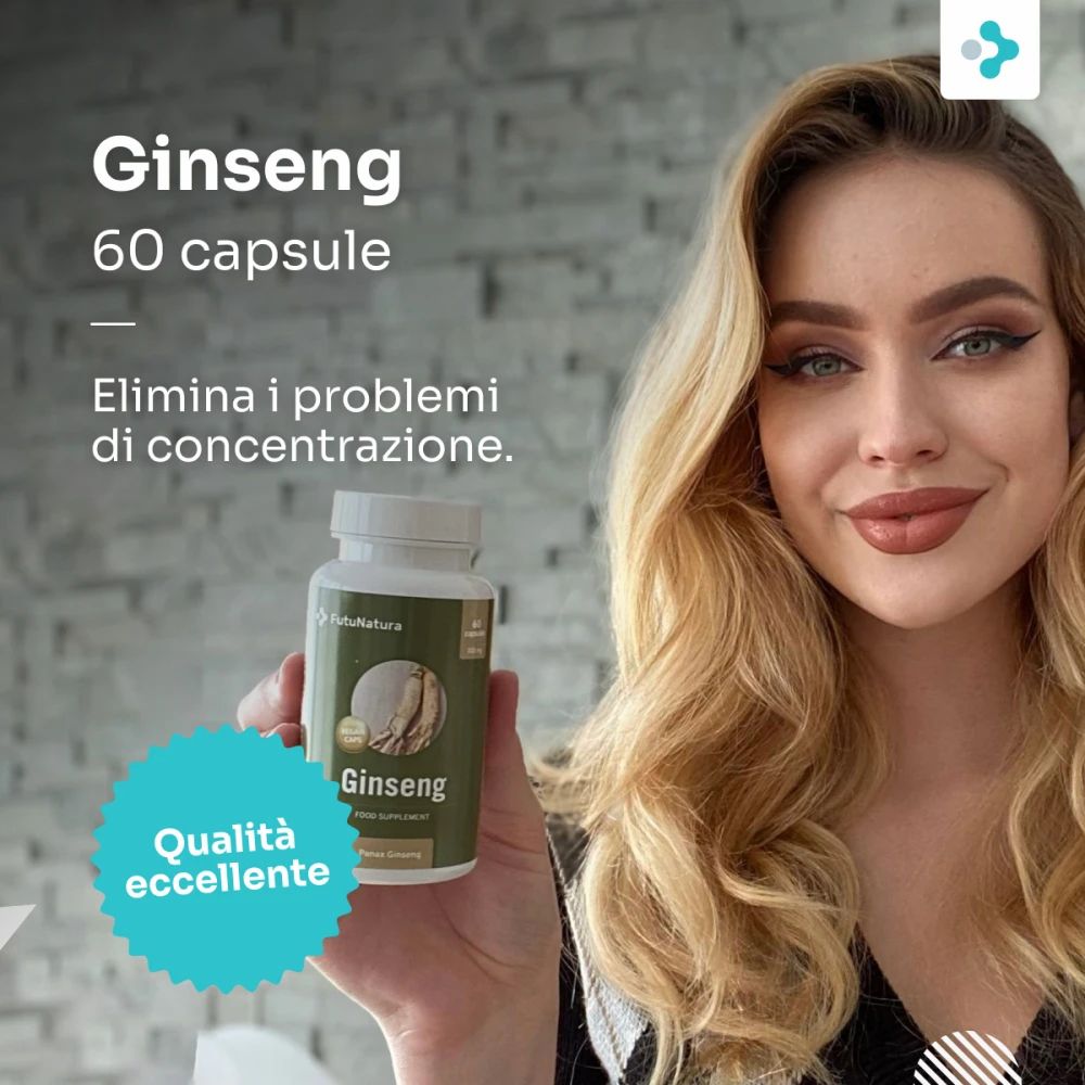 Donna tiene flacone FutuNatura Ginseng. Scritta: Ginseng, 60 capsule. Marchio qualità. Capelli biondi.