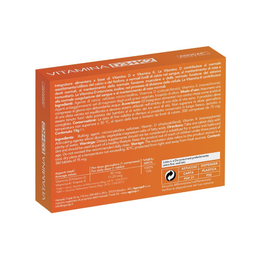 Retro della confezione 'Vitamina D3+K2'. Testo e informazioni nutrizionali.
