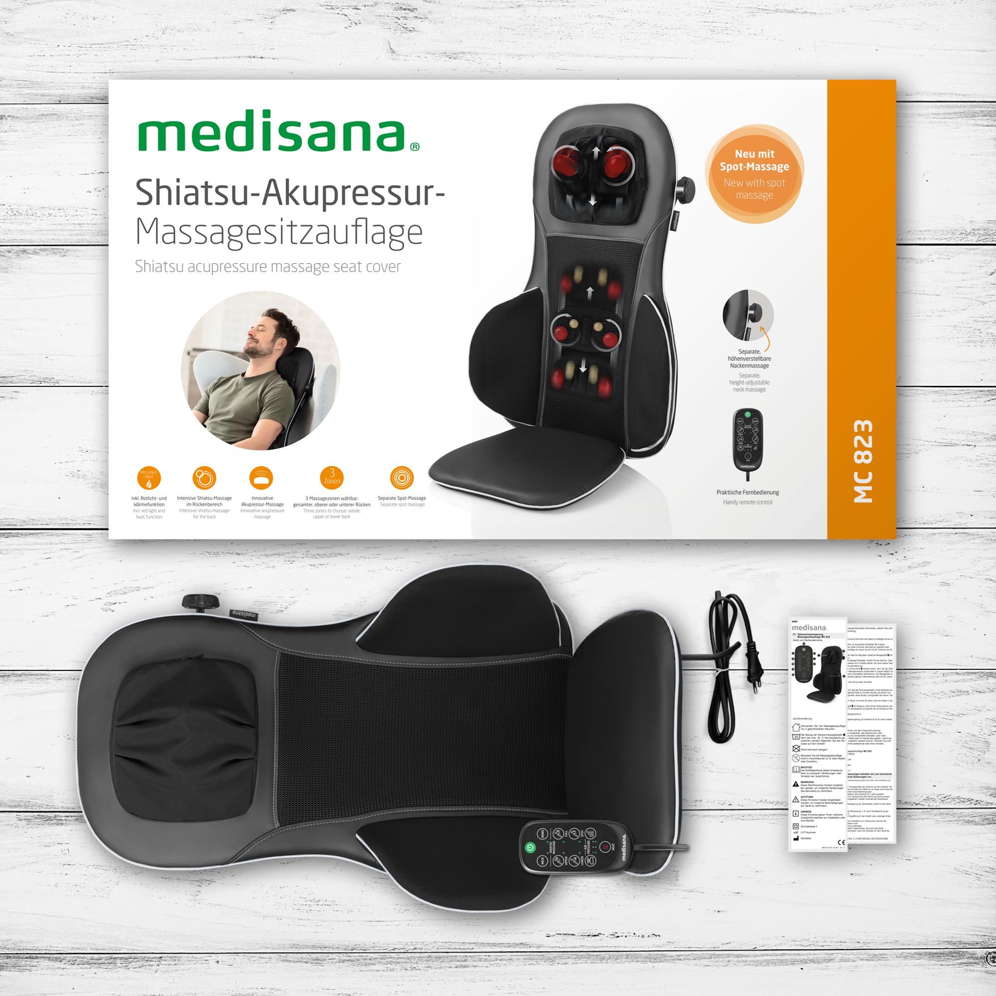 Confezione e accessori del coprisedile massaggiante Shiatsu medisana MC 823.