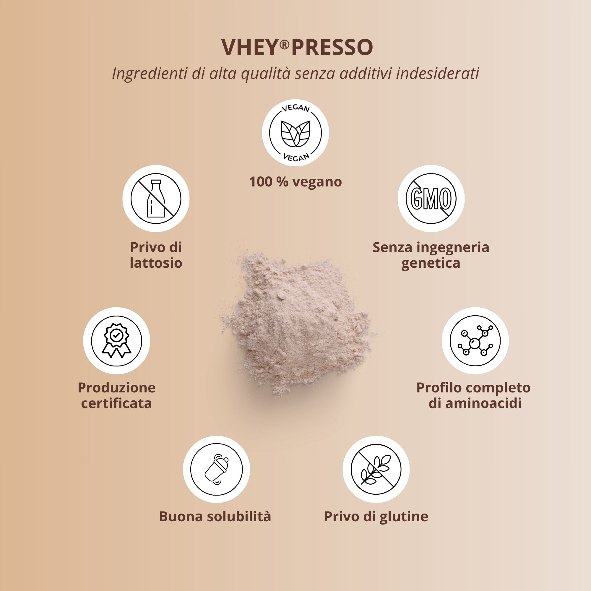 Mucchio di polvere con simboli: senza lattosio, vegano, senza OGM, produzione certificata, buona solubilità, senza glutine, profilo aminoacidi.
