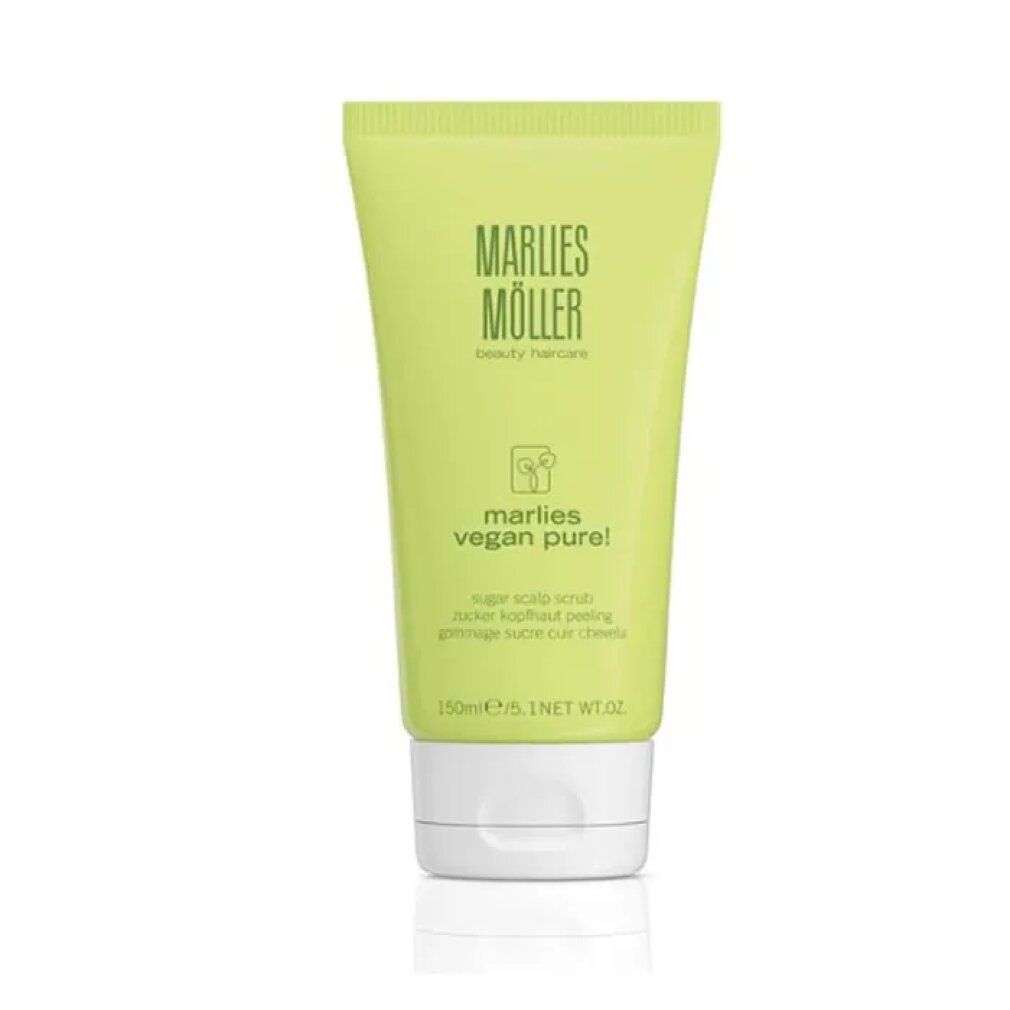 Tubo verde con tappo bianco. Scritta: Marlies Möller, vegan pure! Nome del prodotto in tedesco, inglese e francese.